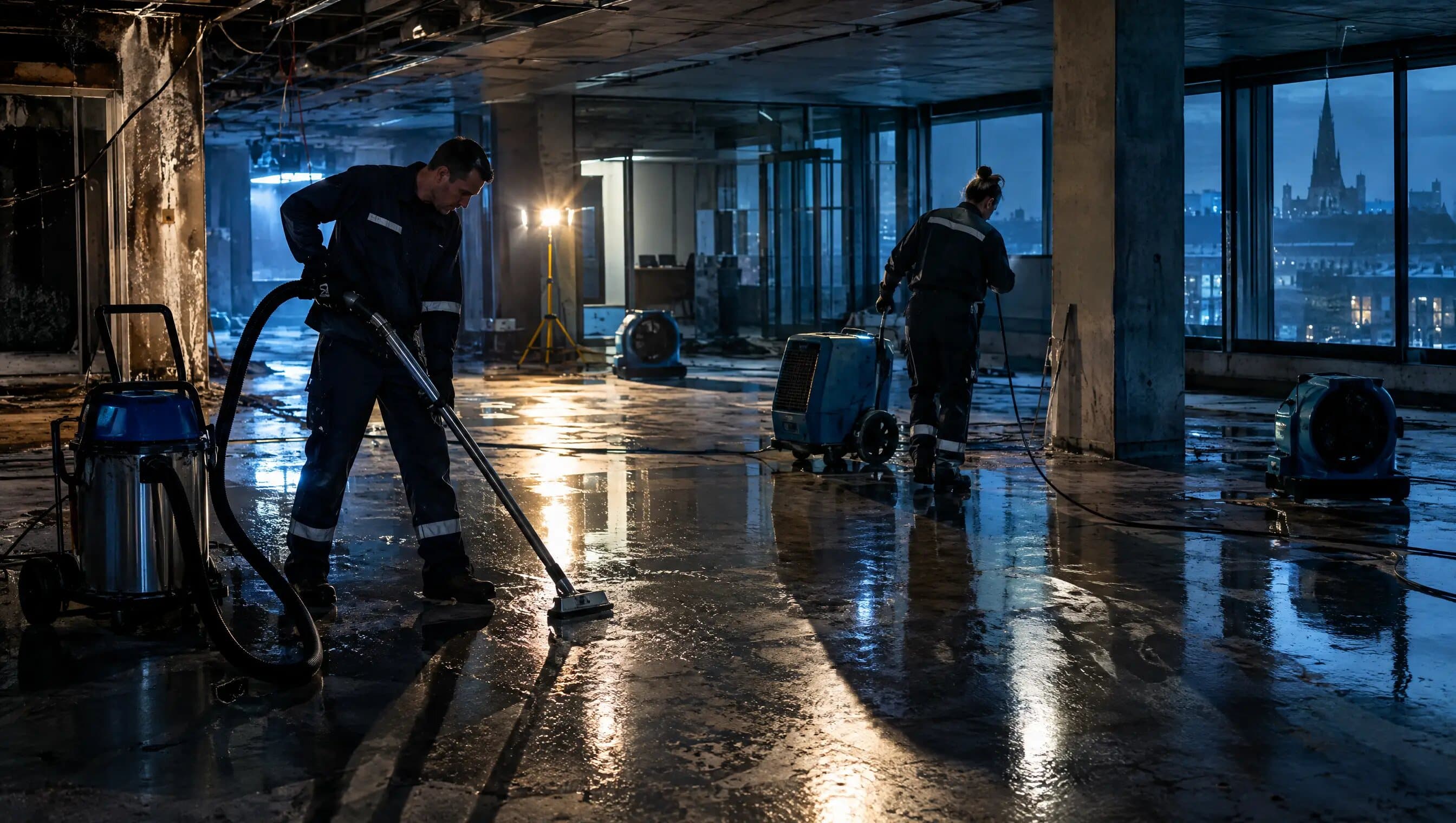 Nachtelijke reiniging na waterschade in een bedrijfspand